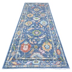 4'1"x10'7" Steel Blue Afghan Angora Oushak Wide Gallery Oriental Runner Rug