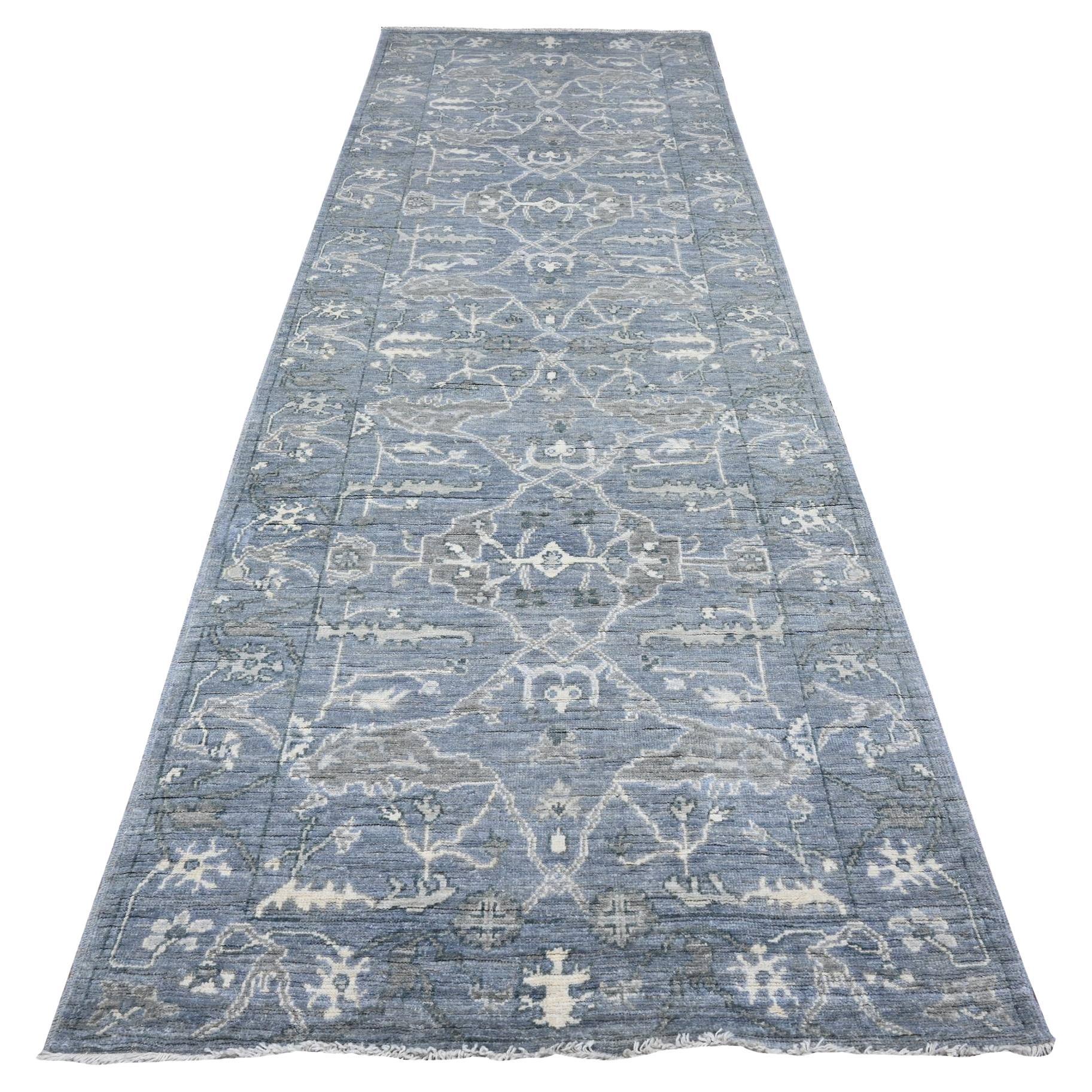 4'1"x11'1" Lava Gray Wool Weft Afghan Wide Runner Angora Oushak Oriental Rug