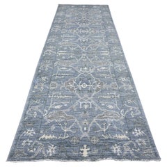 4'1"x11'1" Lava Gray Wool Weft Afghan Wide Runner Angora Oushak Oriental Rug