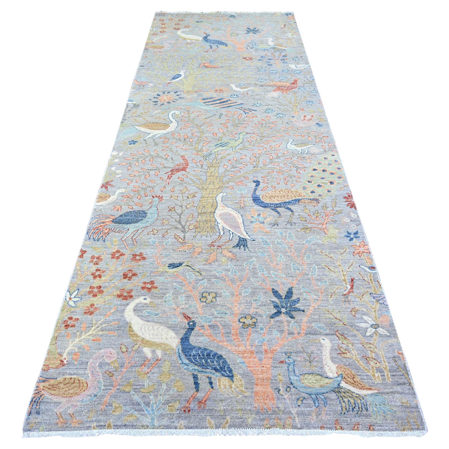 4
1 "x11
10" Berry Blue Birds Paradise Tapis de course large en laine nouée à la main Peshawar