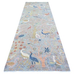 4'1"x11'10" Berry Blue Birds Paradise Peshawar Wool Hand Knotted Wide Runner Rug