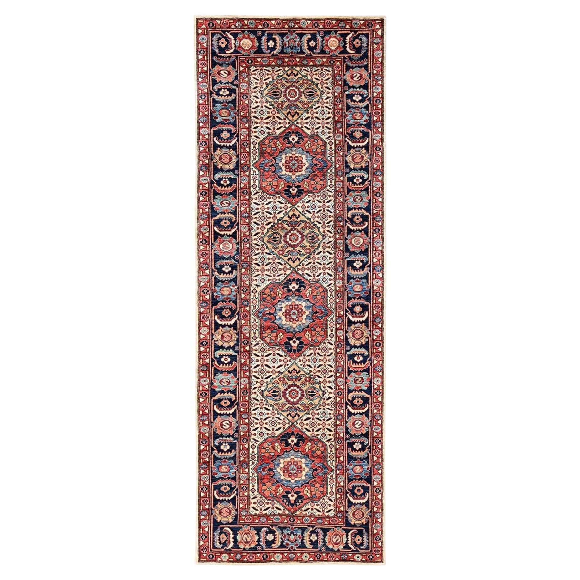 4'1"x11'10" Ivory Bijar Senneh Design Hand Knotted Soft Wool Runner Oriental Rug