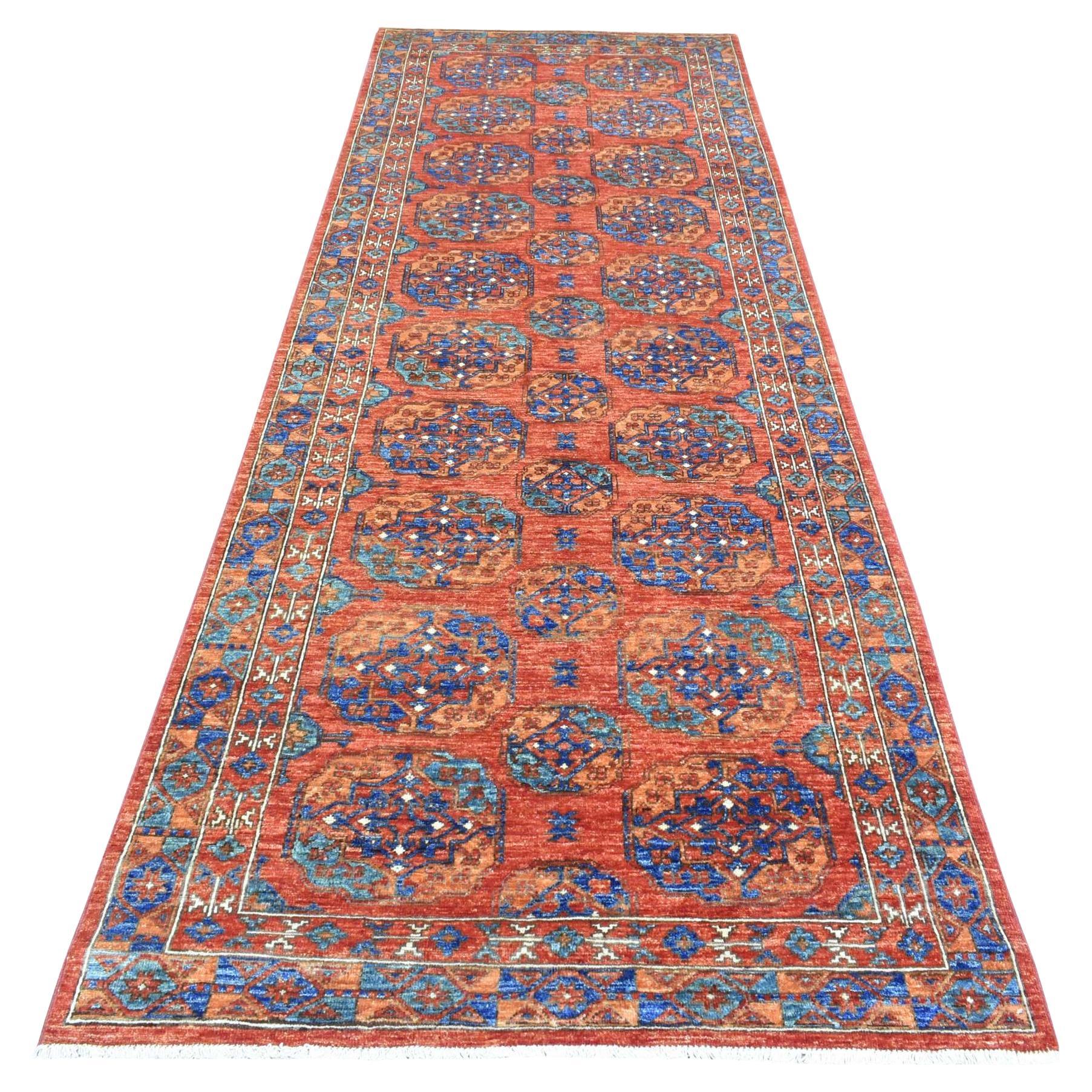 4'1"x11'3" Red Extra Soft Wool Hand Knotted Afghan Ersari Wide Runner Rug