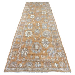 4'1"x11'8" Brown Wool Afghan Angora Oushak Hand Knotted Runner Oriental Rug