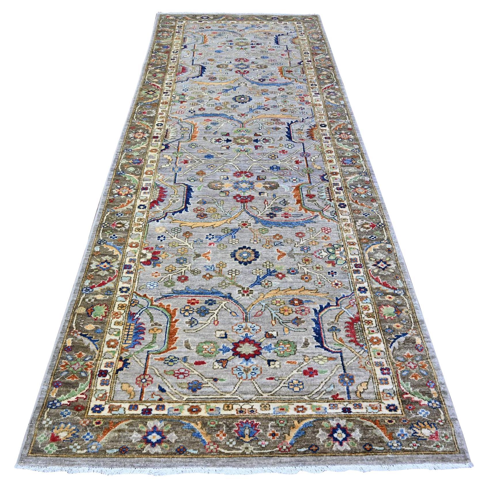 4'1 "x11'8" Grigio Fine Aryana Tinture Vegatali Annodato a Mano Vibrante Tappeto Runner in Lana