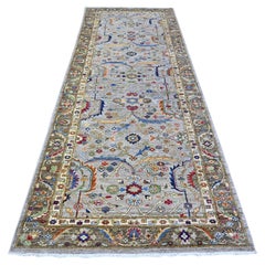 4'1 "x11'8" Gris Fine Aryana Vegatable Dyes Tapis de course en laine vibrante noué à la main