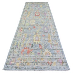 4'1"x11'8" Stone Gray Angora Oushak Colorful Leaf Design Wool Hand Knotted Rug