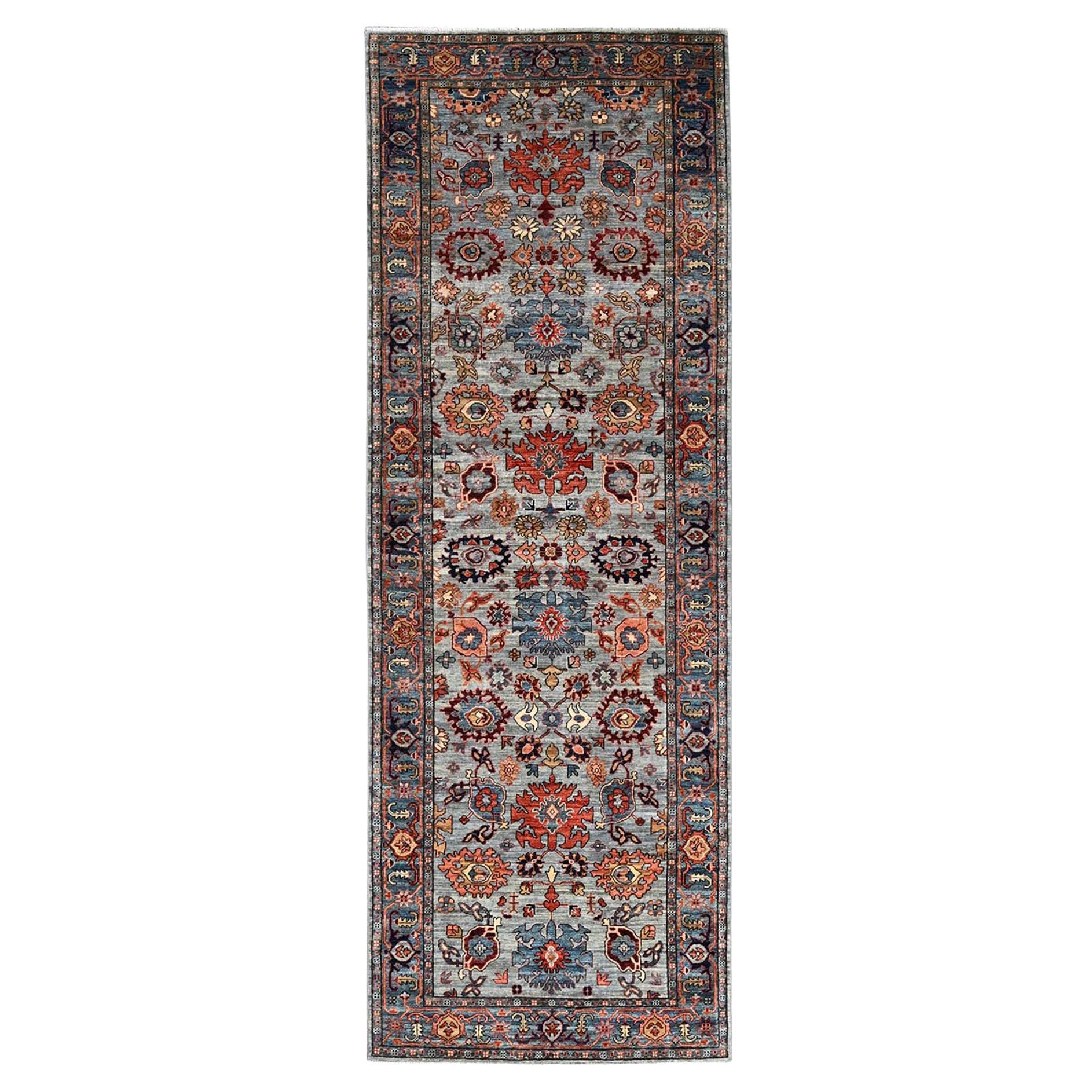 4'1"x11'9" Agate Gray Heriz All Over Design Hand Knotted Soft Wool Runner Rug