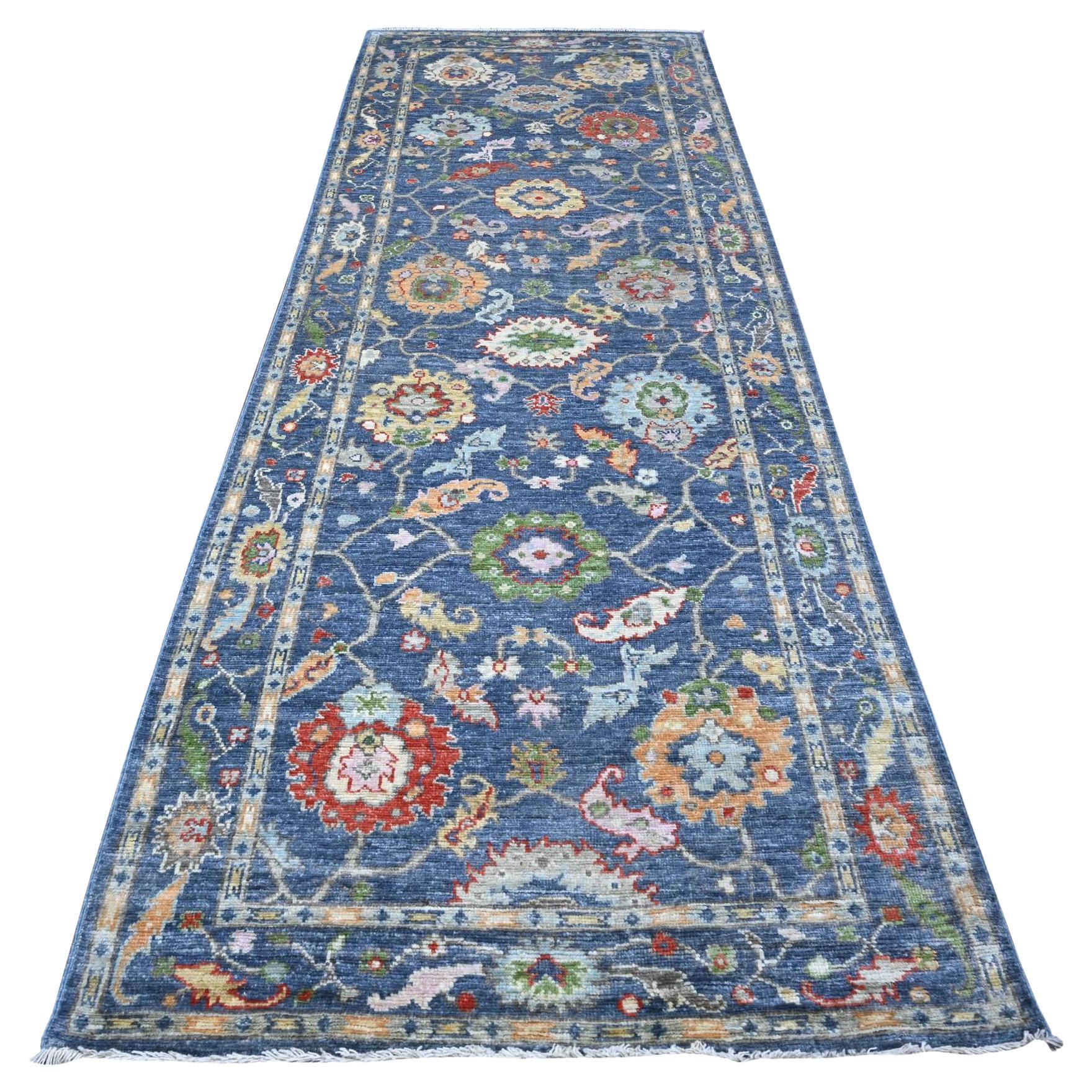 4'1 "x11'9" Bleu denim Afghan Angora Oushak Runner Wide Gallery Tapis d'Orient