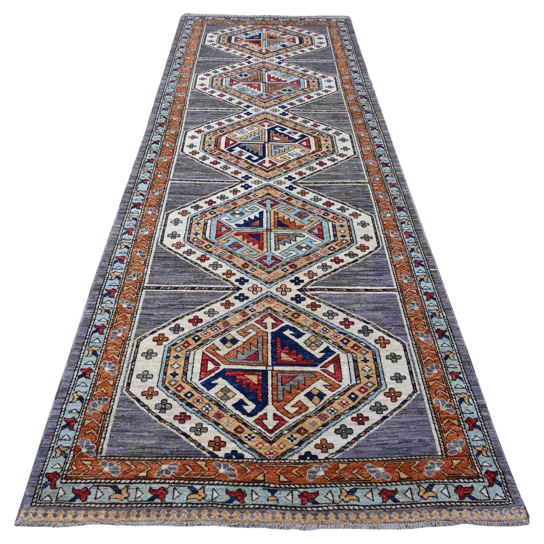 4
1 "x11
9" Grauer breiter Läufer Afghan Village Design Wolle handgeknüpfter Orientteppich