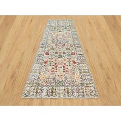 4'1"x12' Beige Hand Knotted Vase Design Silk and Wool Wide Runner Oriental Rug