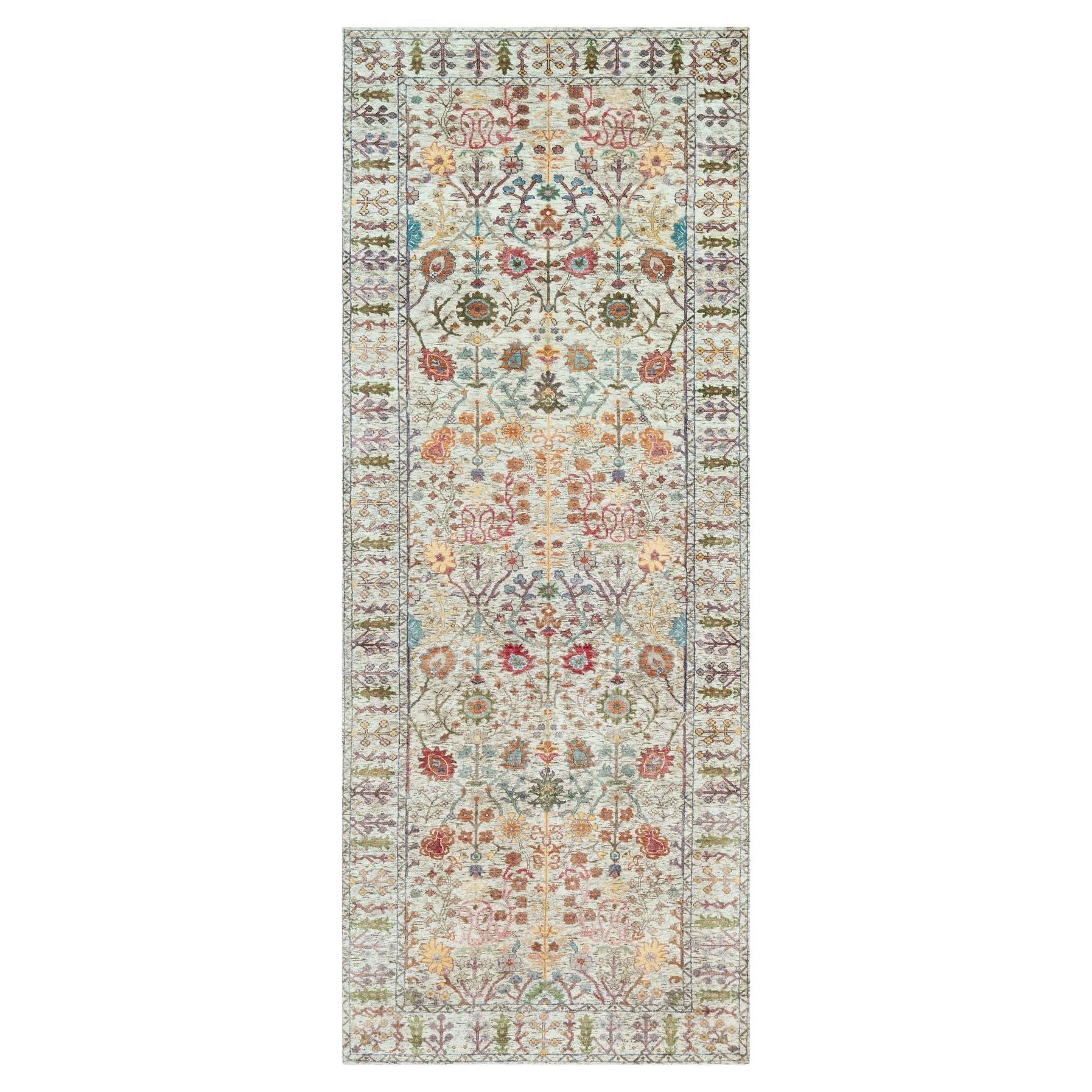 4
1"x12
 Beige Hand Knotted Vase Design Silk and Wool Wide Runner Oriental Rug