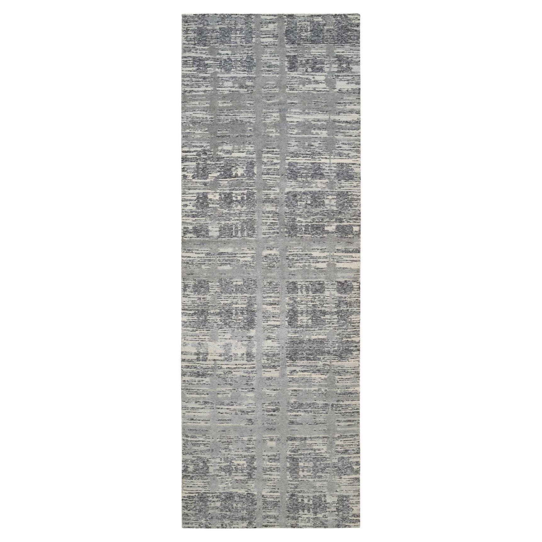 4'1 "x12' Grauer handgesponnener, ungefärbter Wollteppich Modern Hand Knotted Wide Runner Rug