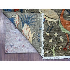4'1"x12' Gray Peshawar Birds of Paradise Design Hand Knotted Wool Runner Rug