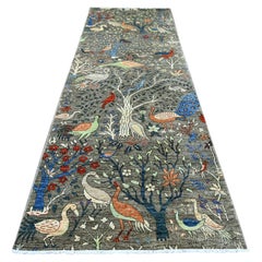 4'1"x12' Gray Peshawar Birds of Paradise Design Hand Knotted Wool Runner Rug