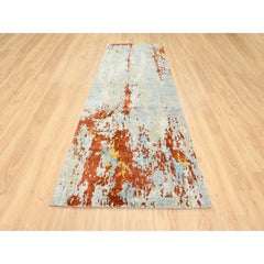 4'1"x12' Orange Wool and Silk Abstract Mosaic Design Hand Knotted Runner Rug