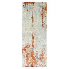 4'1"x12' Orange Wool and Silk Abstract Mosaic Design Hand Knotted Runner Rug