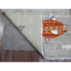 4'1"x12' Rocky Gray Hand Knotted Soft Wool Peshawar Oceanic Fish Oriental Rug