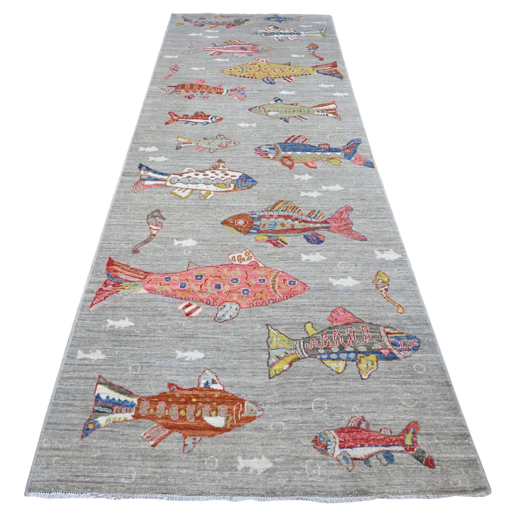 4'1"x12' Rocky Gray Hand Knotted Soft Wool Peshawar Oceanic Fish Oriental Rug For Sale