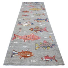 4'1"x12' Rocky Gray Hand Knotted Soft Wool Peshawar Oceanic Fish Oriental Rug