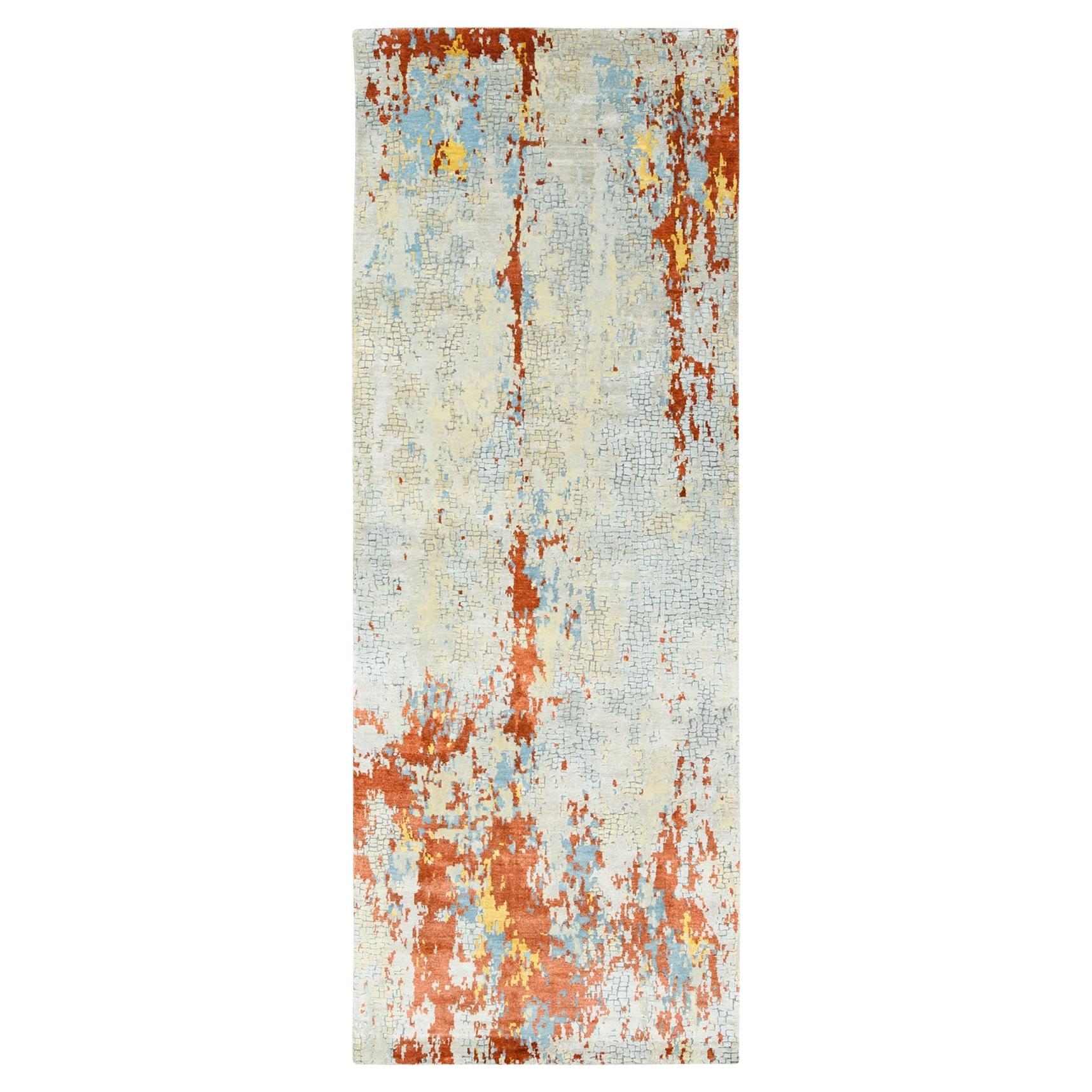 4'1"x12' Wool and Silk Abstract with Fire Mosaic Design Hand Knotted Runner Rug