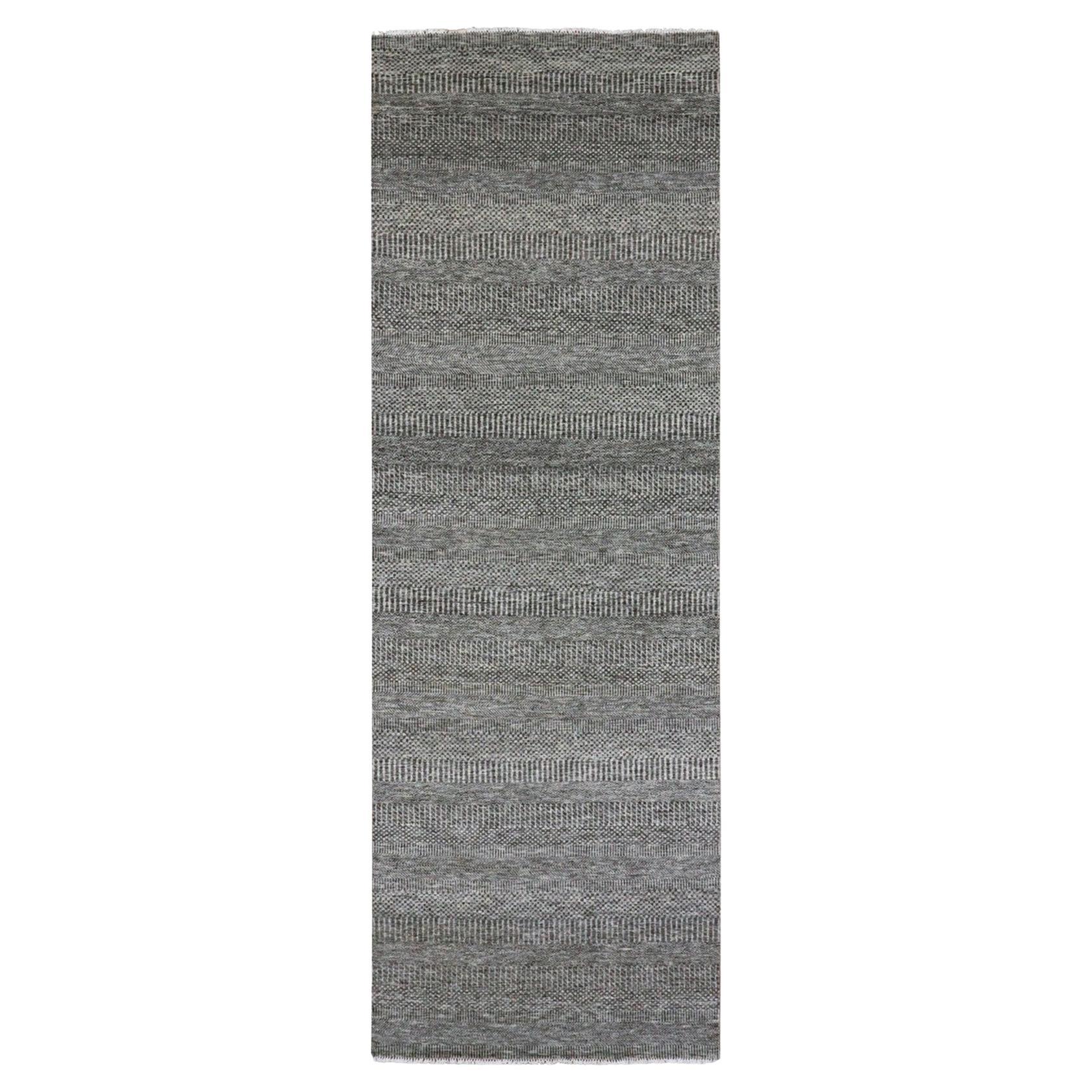 4'1 "x12'1" Battleship Gray Grass Design Undyed Wool Hand Knotted Wide Runner Rug (tapis de course large en laine non teintée)