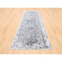 4'1"x12'1" Grey Wool And Pure Silk Broken Persian Design Hand Knotted Rug