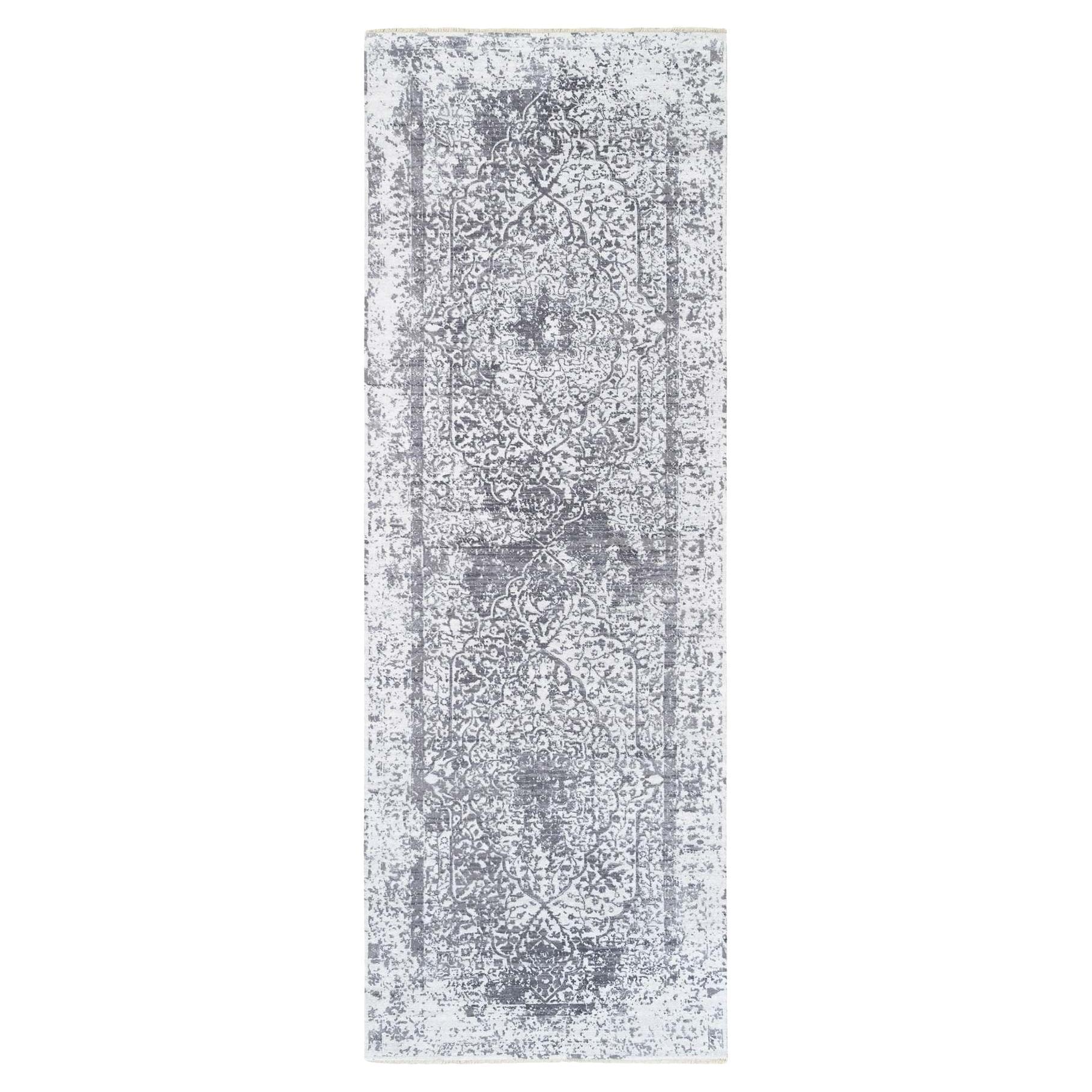 4'1"x12'1" Grauer handgeknüpfter Teppich aus Wolle und reiner Seide im persischen Broken-Design