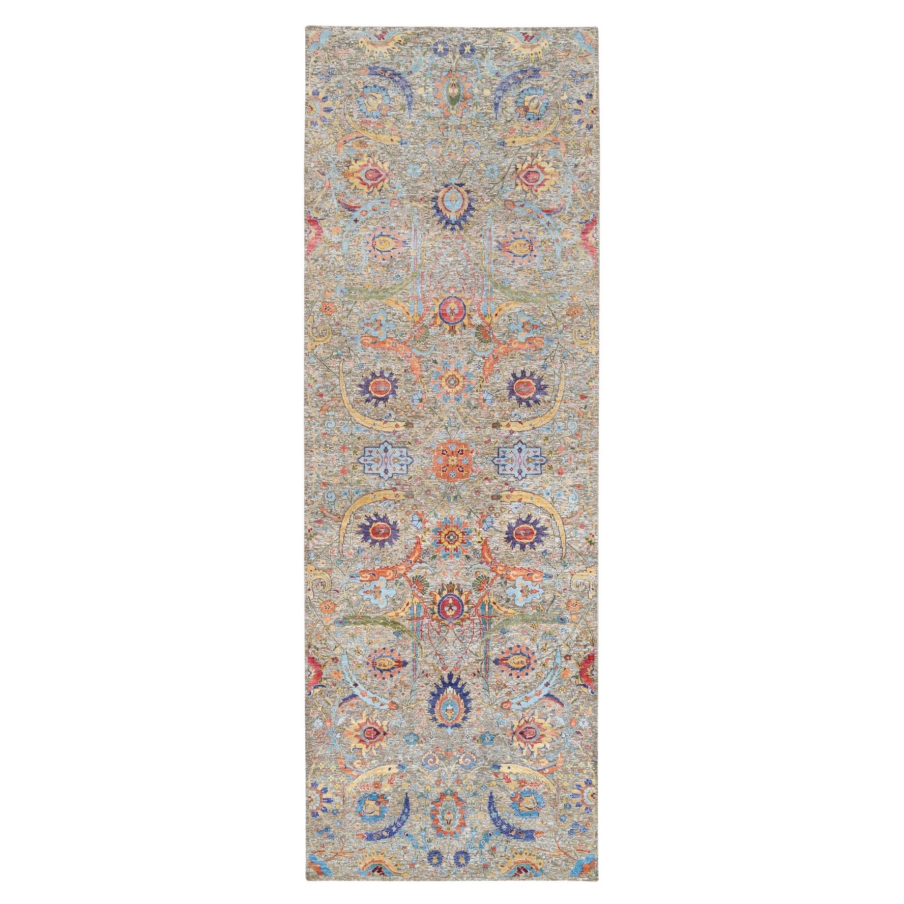 4'1"x12'2" Tan Sickle Leaf Design Silk With Wool Hand Knotted Wide Runner Rug