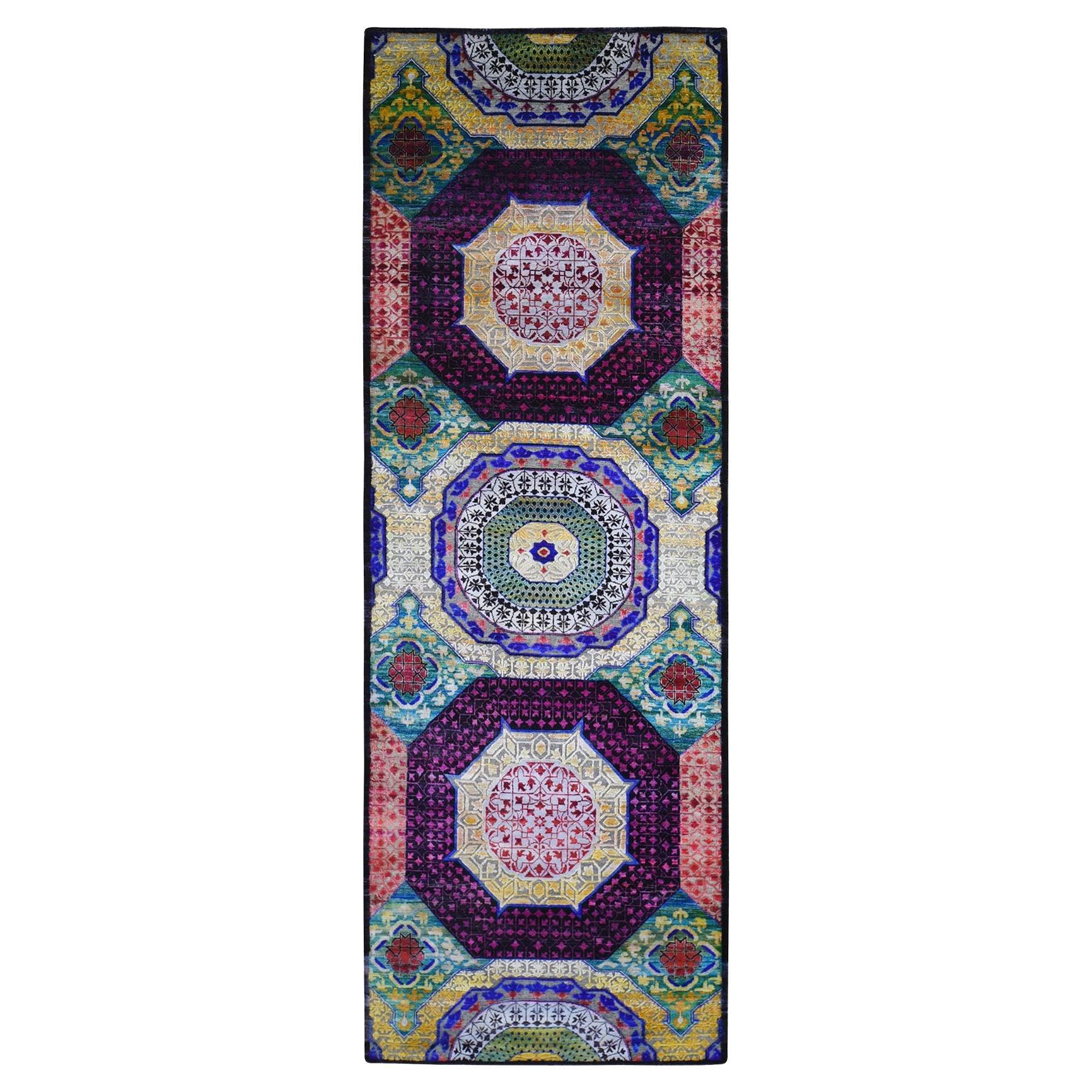 4'1"x12'3" Sari Silk with Textured Wool Mamluk Design Hand Knotted Runner Rug