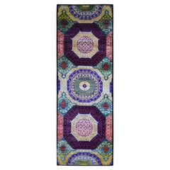 4'1"x12'3" Sari Silk with Textured Wool Mamluk Design Hand Knotted Runner Rug