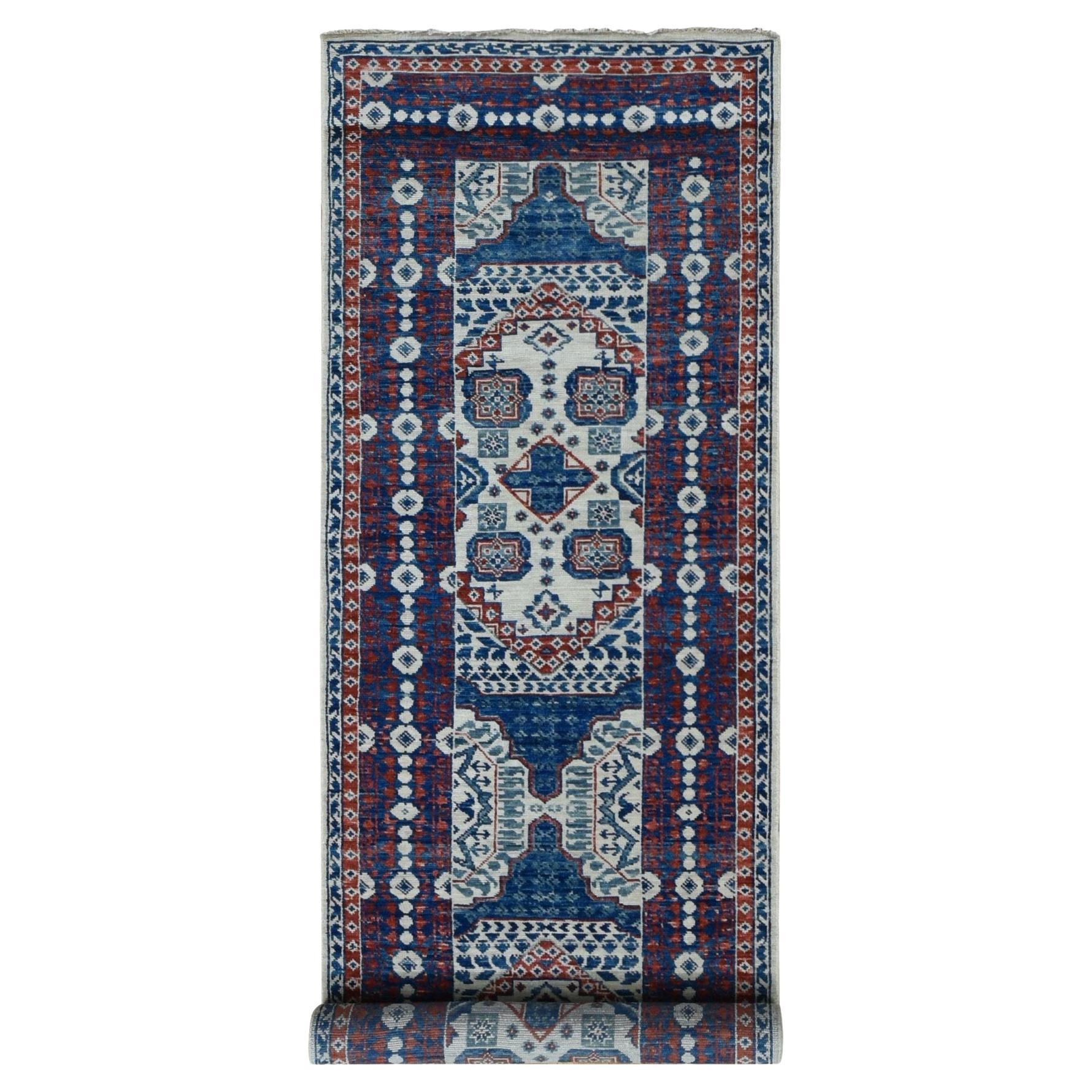 4'1 "x14' Avorio e Blu Mamluke Design Tinture Vegetali in Lana Annodato a Mano Runner in vendita