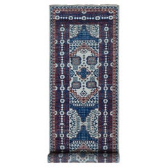 4'1 "x14' Avorio e Blu Mamluke Design Tinture Vegetali in Lana Annodato a Mano Runner