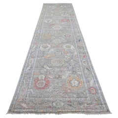 4'1 "x15'1" Tapis de course en laine grise Afghan Angora Oushak Leaf Design noué à la main
