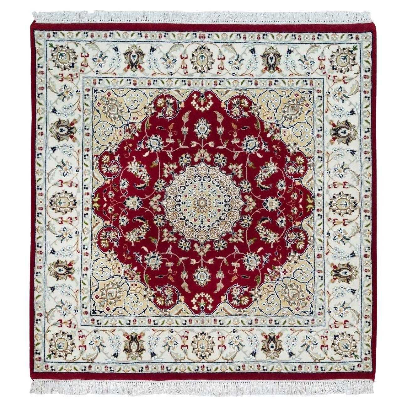 4'1"x4'1" Burgundy Red Hand Knotted Nain Design 250 KPSI Wool Square Rug