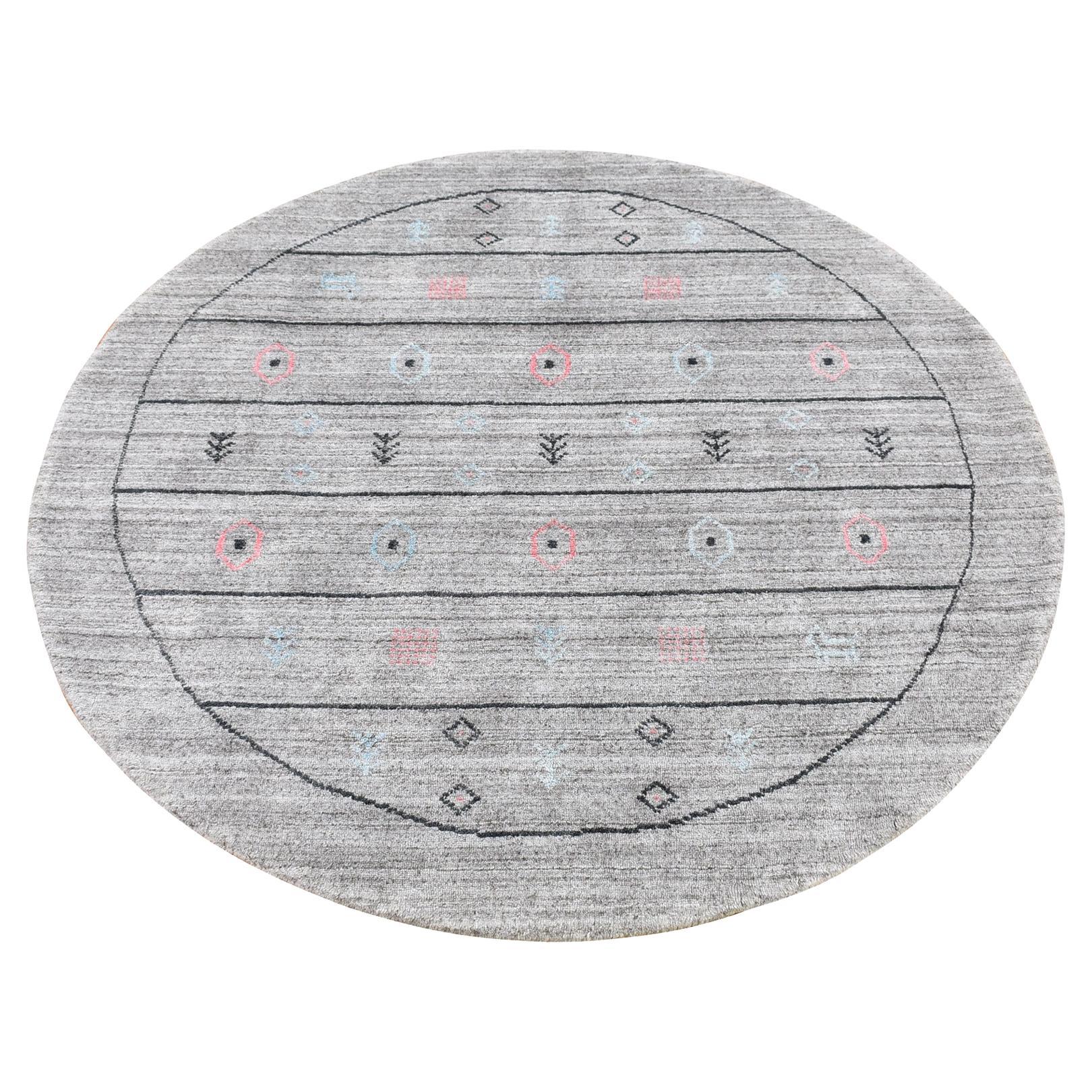 4
1"x4
1" Gray Wool and Silk Hand Loomed Gabbeh Round Oriental Rug For Sale