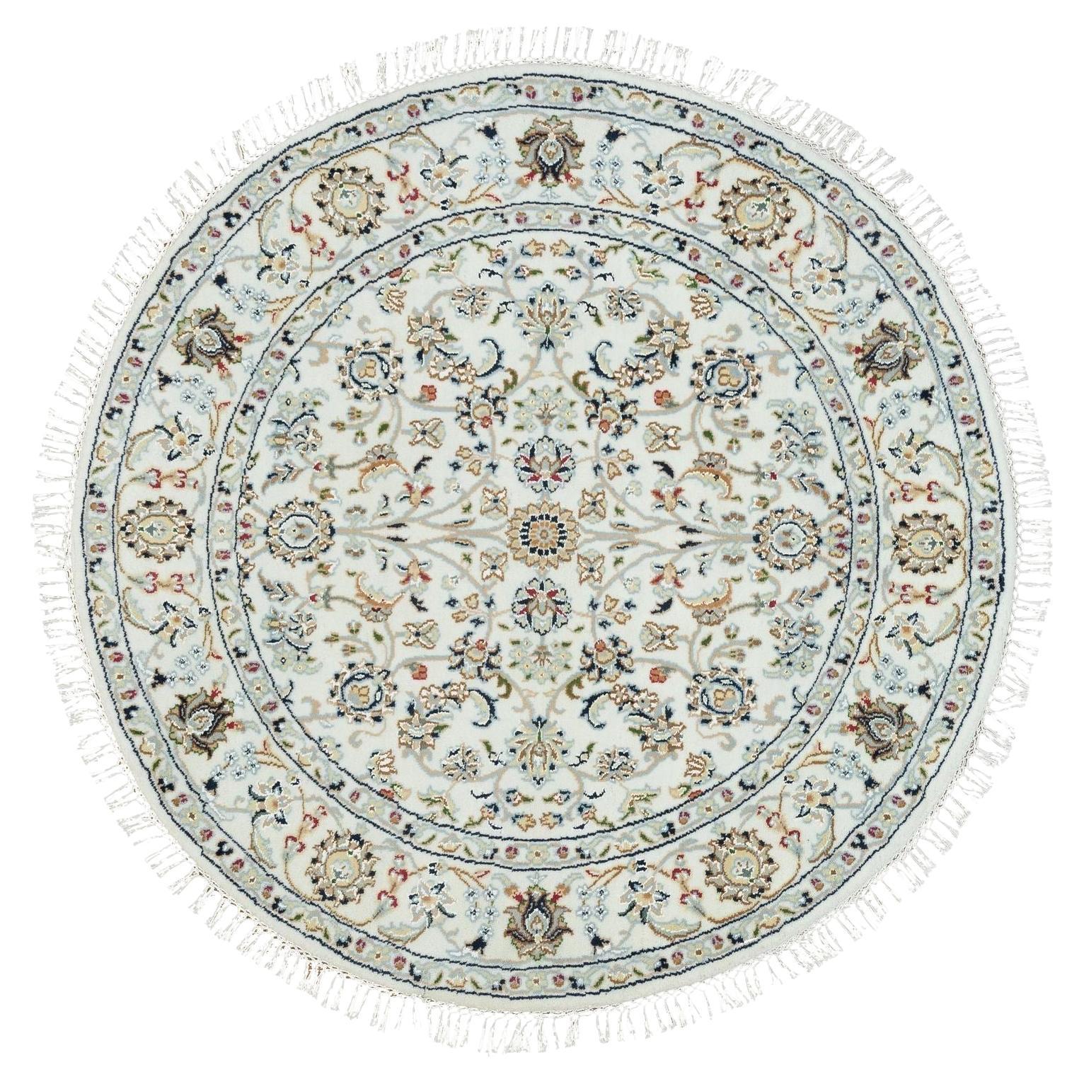 4
1"x4
1" Powder White, Hand Knotted, Nain Design, 250 KPSI Wool Round Rug For Sale