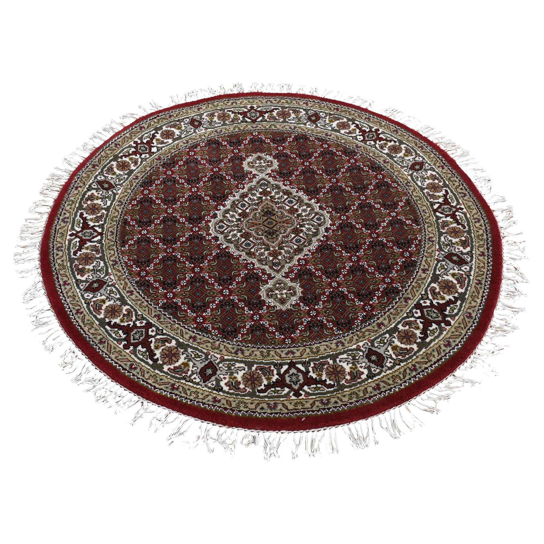 4
1 "x4
1" Vermilion Red, Tabriz Mahi, Pure Wool, Hand Knots Rugs, Round Rug