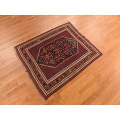4'1"x5' Blue Antique Persian Afshar Clean Wool Hand Knotted Squarish Rug