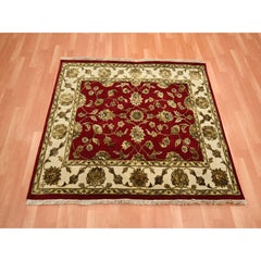 4'1"x5' Red Hand Knotted Wool & Silk Thick and Plush Rajasthan Leaf Design Rug