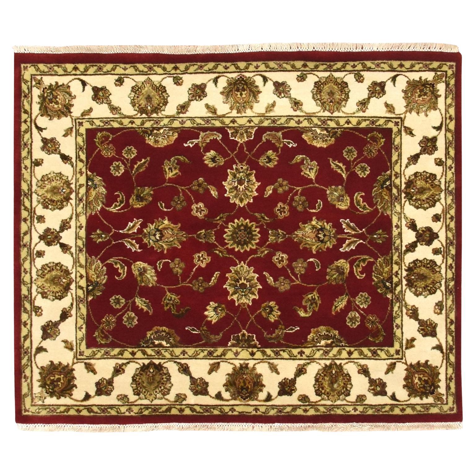 4
1 "x5
 Alfombra roja anudada a mano de lana y seda, gruesa y afelpada, con diseño de hojas de Rajastán en venta