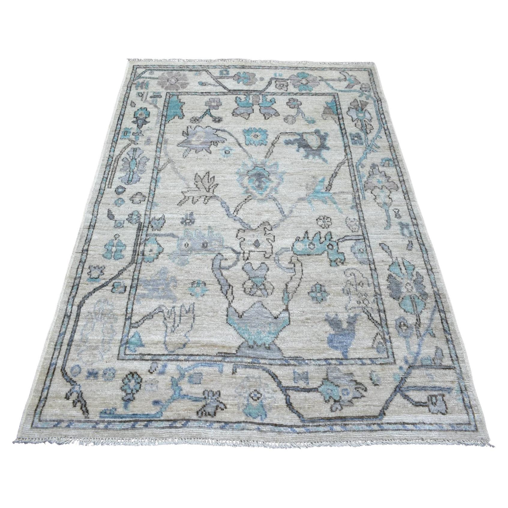 4'1"x5'10" Beige Afghan Angora Oushak All Over Design Hand Knotted Pure Wool Rug