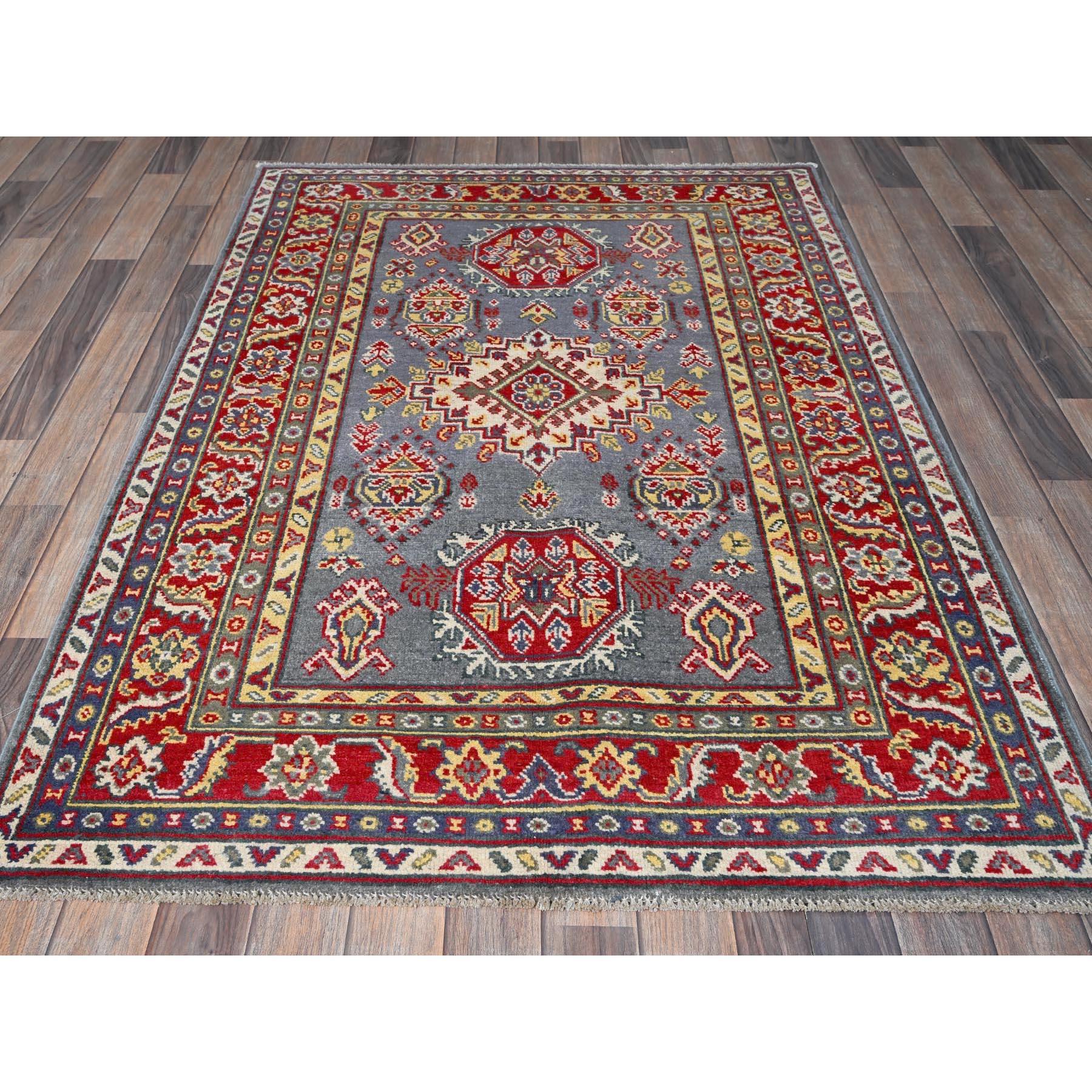 Pewter Gray, Kazak with Geometric Medallions Design, Soft and Shiny Wool, Hand Knotted, Vegetable Dyes, Denser Weave, Oriental Rug
Primary materials: Wool
Latex: No Pile 
height: 0.25 Inches
Style: Traditional
Primary color: Grey
Secondary colors: