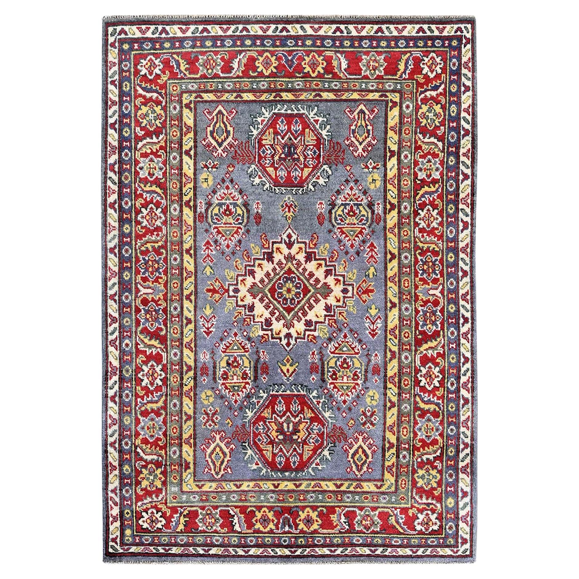 4'1"x5'10" Gray Kazak with Geometric Medallions Design Wool Hand Knotted Rug For Sale