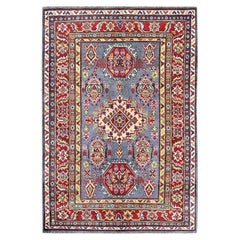 4'1"x5'10" Gray Kazak with Geometric Medallions Design Wool Hand Knotted Rug