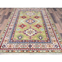 4'1"x5'10" Green Natural Dyes Soft Wool Hand Knotted Kazak Oriental Rug