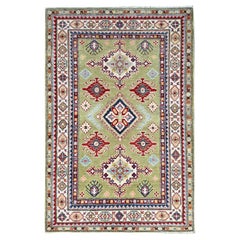 4'1 "x5'10" Green Natural Dyes Soft Wool Hand Knotsted Kazak Oriental Rugs