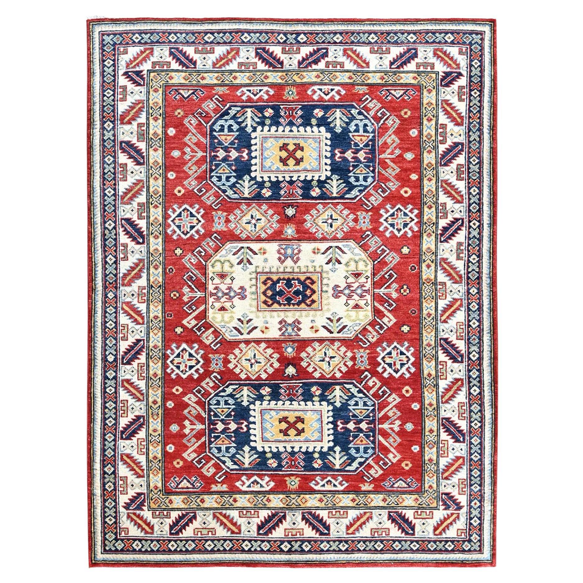 4'1"x5'6" Red Kazak with Geometric Medallions Design Hand Knotted Soft Wool Rug