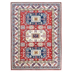 4'1"x5'6" Red Kazak with Geometric Medallions Design Hand Knotted Soft Wool Rug