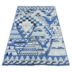 4'1"x5'8" Blue Anatolian Village Inspired Patchwork Design Hand Knotted Wool Rug